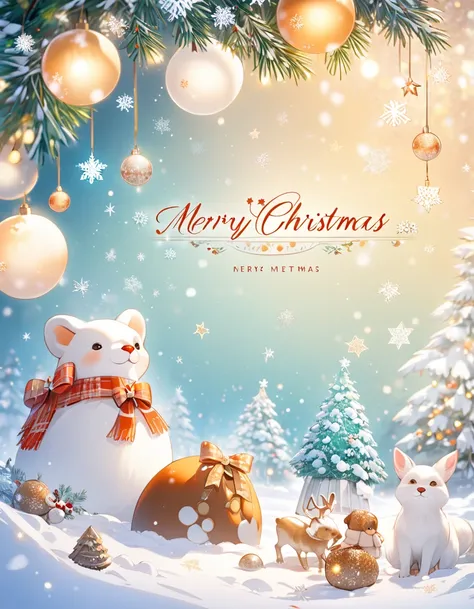 (Animal footprints in the snow), "Merry Christmas", beautiful image with snowflakes and Blurred lights, pale greenish blue and whitish orange gradient background, shallow focus. Merry Christmas greetings with fir branches and decorations, lots of Christmas...