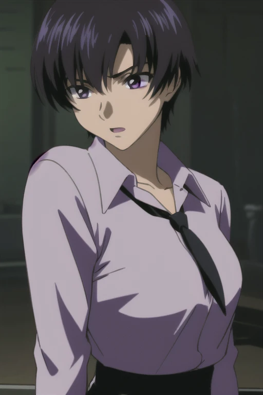 (((Best quality))),((Ultra-detailed)),((illustration)),((Disheveled hair)),((frilld)),(1 girl),(Solo), 1girl, bangs, black background, collarbone, collared shirt, dress shirt, indoors, long sleeves, looking at viewer, male focus, necktie, open mouth, purpl...