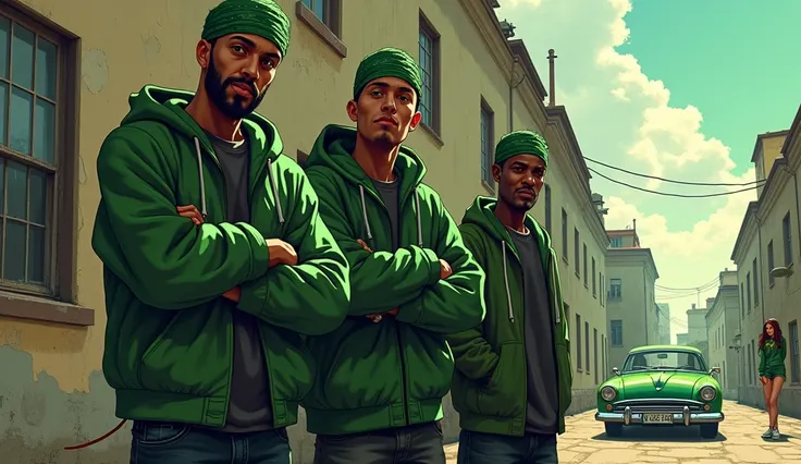 three green gang members with some wearing green bandanas or hoodies in front of apartments. One is smoking a joint. There are 2 girls and in the background there is a green relian k