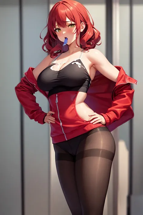 girl , girl face ,curly red hair , medium breasts , fitted and curvy body , with compensated shoulders and hips and a very marked waist , spandex leotardo , short , strappy pantyhose , red jacket , sentada , mirando fijamente,pene en la boca , boca llena d...