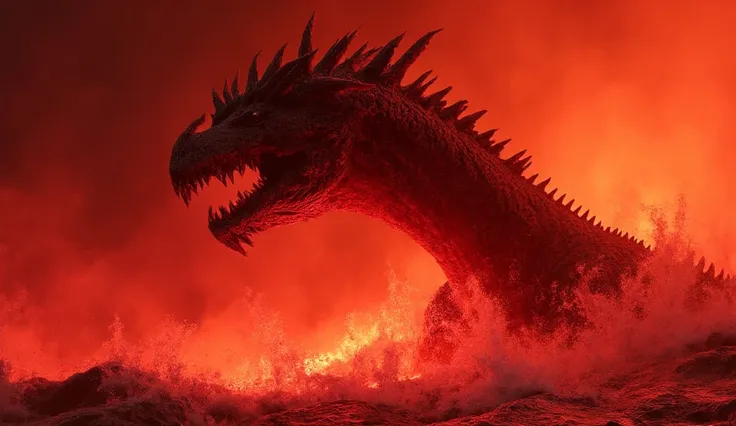 (best quality, best image, ultra detailed, 8k, fantasyart.dark image, red lighting.) The head a neck of an ancient dragon emerge from a sea of lava and fire. 