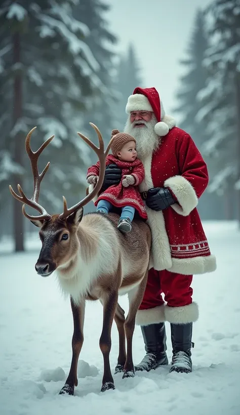 (  Masterpiece  :1.2),  top quality,  Christmas,  reindeer carrying Santa Claus,  Christmasイメージの服, snowy landscape, Im holding Santa Claus like a baby,  photo realistic, hyper realistic,  top quality, Ultra Realistic, 8k, Golden Ratio,  complicated,  high ...