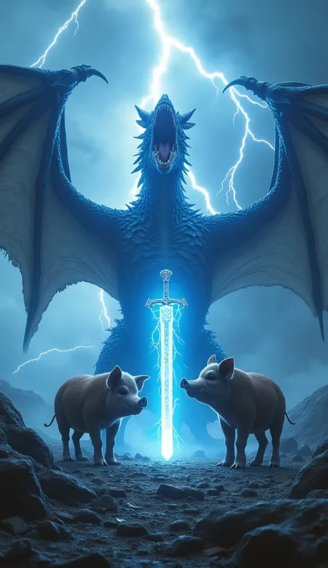 create 32k ultra-realistic masterpiece featuring a Pig, a Howling Lightning Dragon, and The Master Sword as distinct entities in a single frame. The Pig stands with its lifelike skin texture and tusks, exuding a grounded, primal strength. Nearby, the Howli...