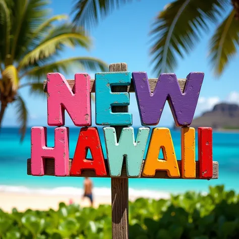 A breathtaking and inspiring photograph of a wooden sign filled with  bright  colors and palm tree leaves.  seven colors in the air （ pink、light blue、Purple、 orange 、red、Mint Green、yellow）In bold , Cheering words  : 「NEW　HAWAII」.  and a beautiful ocean spr...