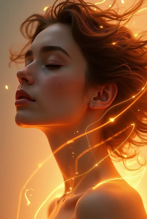 "A digital portrait of a woman with her eyes closed, her expression serene. Her hair flows in a sketch-like, artistic style, intertwined with glowing, golden light trails. The lighting is warm and soft, creating a dreamy and ethereal atmosphere, emphasizin...