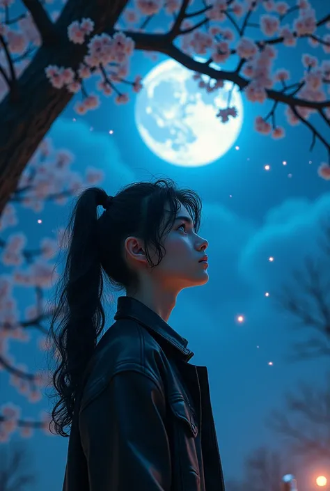  with blue eyes , with black hair .
Tall guy,  with long dark hair curly in a ponytail, sky blue eyes,  inflated, Boy 18 years old,  art, in a leather jacket,  near a tree with cherry blossoms , in shades,  at night out of time ,  with a motorcycle and a f...