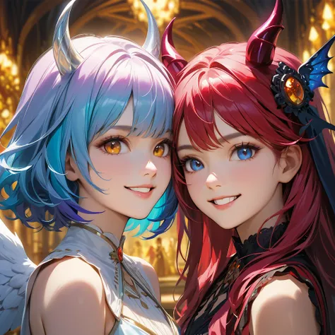 masterpiece, best quality, portrait of 2 beautiful girls, one dressed as an angel with a sweet smile, the other dressed as a devil with a mischievous grin, highly detailed, intricate, sharp focus, hyper realistic, vibrant colors, dramatic lighting, etherea...