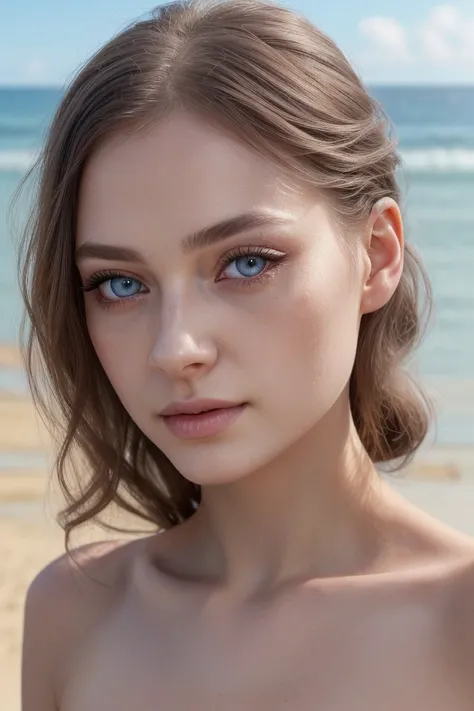 Sophie Rain is a beautiful detailed eyes, beautiful detailed lips, extremely detailed eyes and face, longeyelashes, 1girl, nude, beach, sunny day, HDR, full body shot, photorealistic, vibrant colors, natural lighting, cinematic, detailed skin texture, beau...