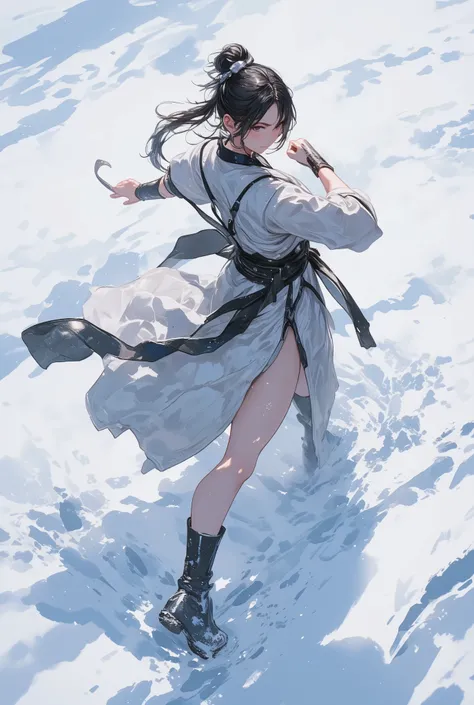 ｛{{Clear contrasting footprints}}}、from above，Step in、 female martial artist in a Chinese dress,Stand up and fight posture、Kempo Training, Kempo Stance,Foot stamping hard on the ground, Chinese martial arts practice, snow field, deep snow footprints, femal...