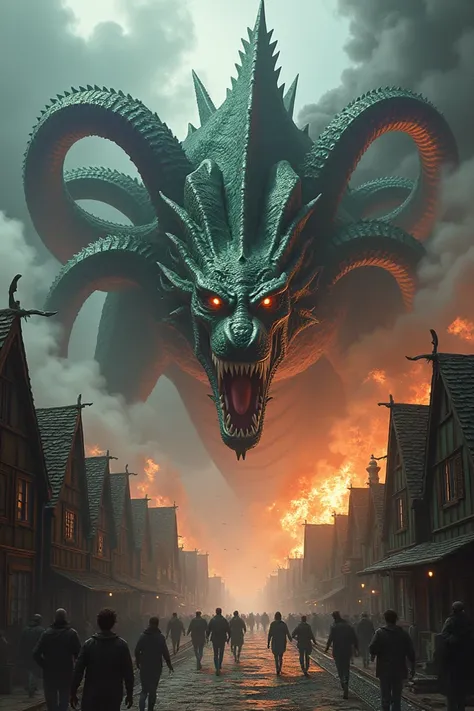 A dragon with 6 green and purple heads in a town with people fleeing in fear and crying with fire in their houses