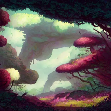 Look up at a dangerous sci-fi jungle world full of spore parasitic plants from the perspective of an underskirt with an oblique elevation on the ground，There are some vines on the ground nearby，The viewing angle of the screen should be wide，Mainly warm col...