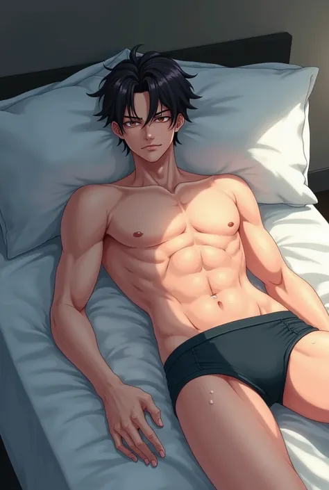 Anime man sitting on the bed wearing only underwear
 A little tired and sweaty

