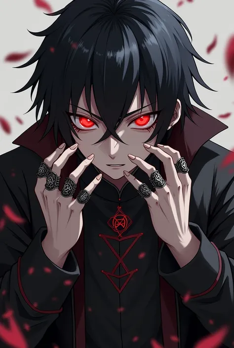  Tall and thin toned man with jet-black hair and crimson eyes that emanate a menacing glow.  Her skin is pale , and wears a long black coat with dark red details .  His fingers are decorated with rings that bear ancient runes with a scar on his face anime ...