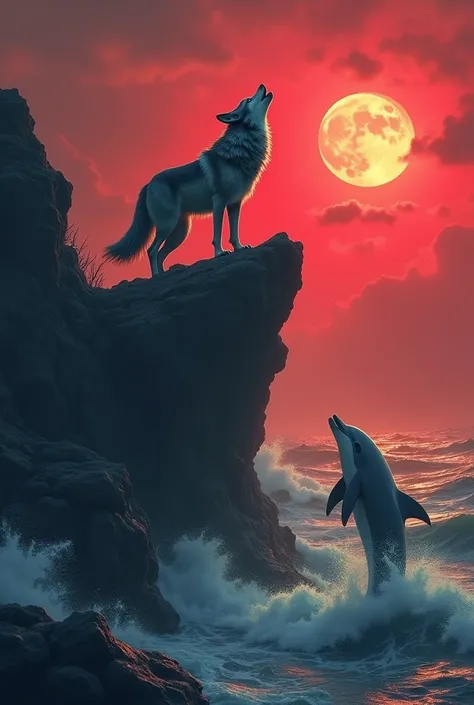 A gray wolf howling on a cliff as a dolphin leaps through dark waves below, under a blood-red sky.
