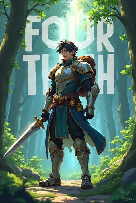 an 3d anime with a handsome warrior outfit at a forrest with trees with warrior sword and bag featured name in all capital Letters "FOURTH" written on background with a big font