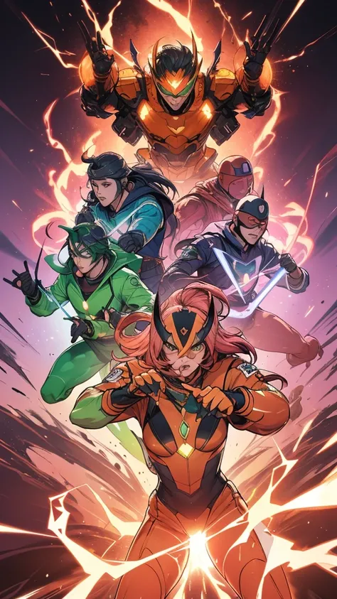 A brave and daring image of the six-man Ranger team, Each is decorated with the following vibrant colors:: neon pink, Sunset Orange, Fire engine red, plasma violet, Fluorescent Green, shocking yellow. A dynamic pose with a background that oozes energy and ...