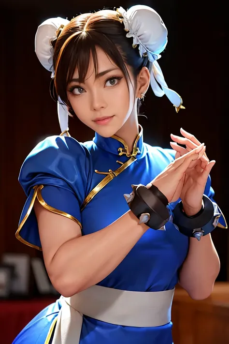 Chun-Li from Street Fight II,perfect chun li costume,blue cheongsam with gold lines,Bun head,Good cover,fighting pose,masterpiece、1 beautiful girl、fine eyes、puffy eyes、highest quality, 超High resolution, (reality: 1.4), movie lighting、Japanese、asian beauty、...