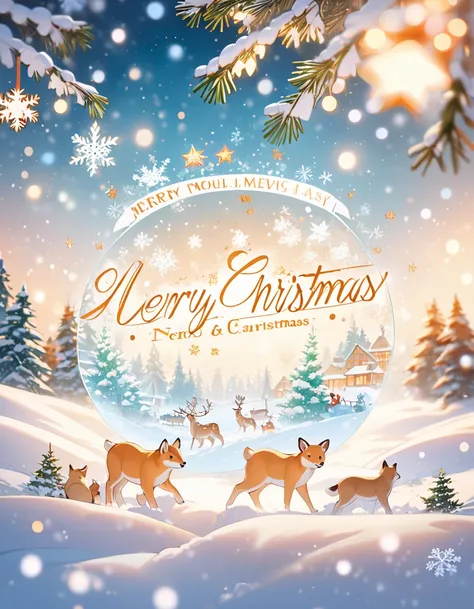 (Animal footprints in the snow), "Merry Christmas", beautiful image with snowflakes and Blurred lights, pale greenish blue and whitish orange gradient background, shallow focus. Merry Christmas greetings with fir branches and decorations, lots of Christmas...