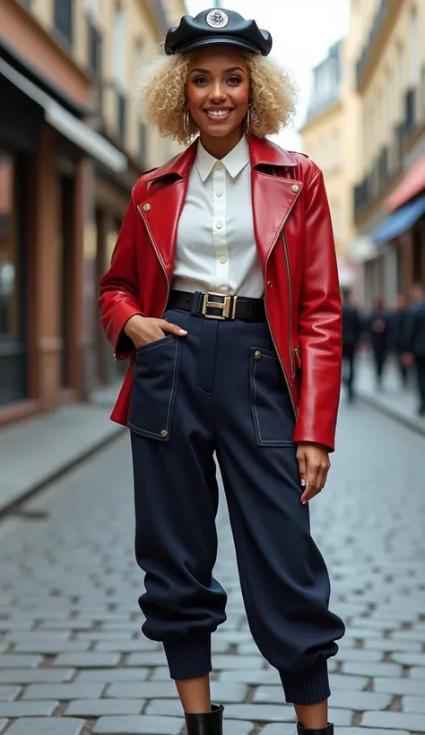 fantasy, Front view, Full body,  stylish pose, on stone road, Hermes Girls 2025 Resistance Fashion, 1 women ,　American singer  Janet Jackson, (blonde curl hair, short hair,  smile, black lather Hermes logo beret with feather ), white blouse,  Red leather J...