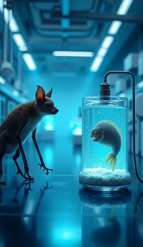 illuminated by a soft blue glow . a bat is inside the adjacent container watching a puffer fish in an adjacent container.  The laboratory has a clean and sterile atmosphere ,  with industrial lighting suspended from the ceiling and a high-tech design .  Th...