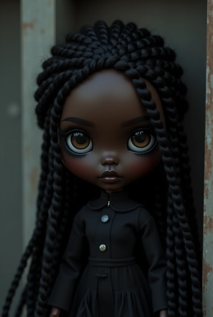 dark skin blythe doll with black braids and black eyes