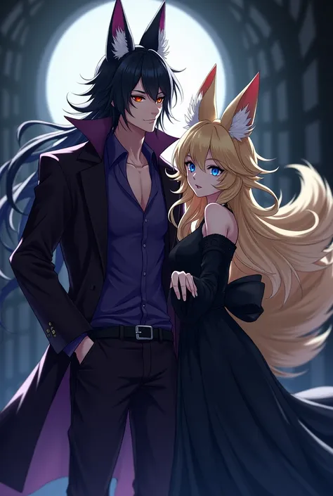  Anime, Anime Style , long hair, black  hair, ember eyes, Kitsune, in a purple suit or dark leather trench coat, 1male,  kitsunes ears , 9 kitsune tail , 1 female,  black dress,  blonde hair, blue eye