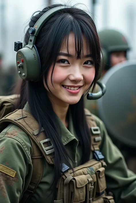 Photo-realistic, ultra-realistic, (very beautiful Japanese, famous Japanese idol:1.3), Smile to the camera,  Fully equipped for battle, (wearing an army soldiers Camouflage outfits with military helmet:1.5), (at a battlefield base), large breasts, (tactica...