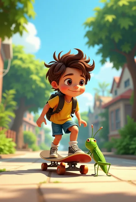 Boy on a skateboard with his pet a green grasshopper