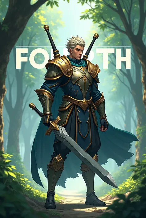 an 3d anime with a handsome warrior outfit at a forrest with trees with warrior sword and bag featured name in all capital Letters "FOURTH" written on background with a big font