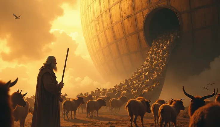  An epic scene with animals of different species,  big and small , terrestrial or flying ,  entering the colossal ark , in couples . The sky is golden, symbolizing a divine call ,  and Noah is at the entrance of the ark ,  driving the animals into the ark ...