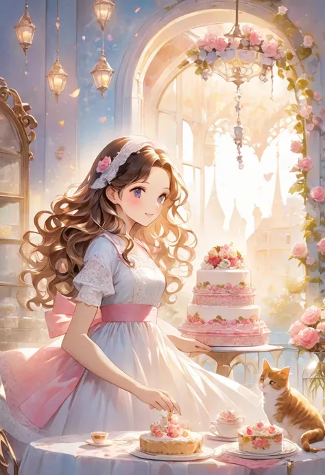 Wavy haired woman and cats making a cake、romantic background with lace pattern