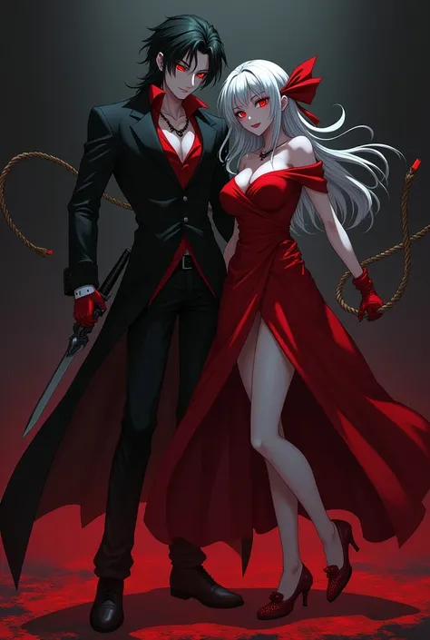 A man and woman looking evil holding a whip and sword with redish eyes with red gloves and both have red shoes anime sty