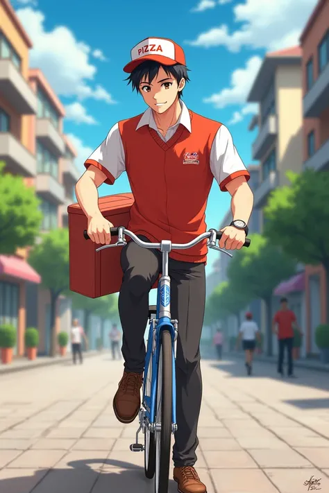 A handsome anime pizza guy stopped the bicycle and  he take a glance his watc