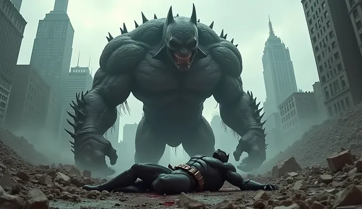 O monstro Apocalypse da DC comics, Looking at Batman who is lying on the ground all bruised in the midst of destruction