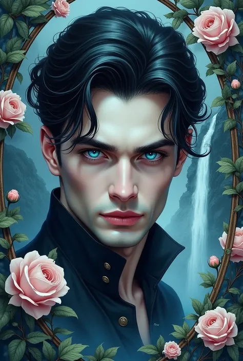 

watercolor,  handsome aristocratically handsome guy,  delicate facial features,  light on face ,  clear face ,  expressive blue eyes ,  black Hair beautiful water roses ,  subtle drawing ,  against a gothic landscape ,   waterfall pixel art ,  Lots of De...