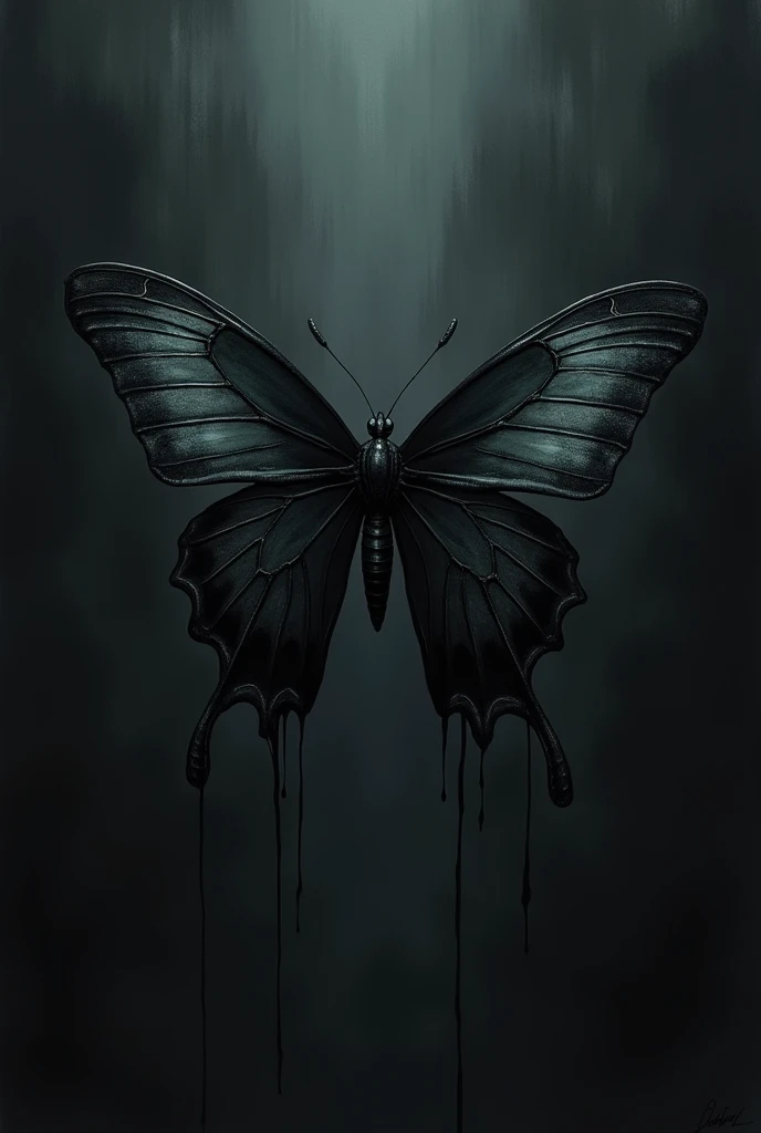  Black background with black and macabre butterfly dripping through a , Make butterfly seen from above 