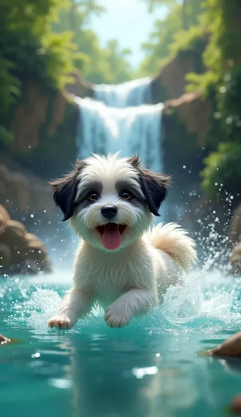 Cute white and black dog water fall swimming 