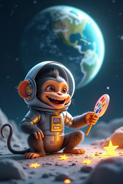 Realistic Indian style image8k HD quality image 
A Monkey Painting Stars on the Moon
"A playful monkey wearing a silver spacesuit with golden accents and a transparent helmet. It is seated on a rocky moon surface, holding a paintbrush in one hand and a pal...