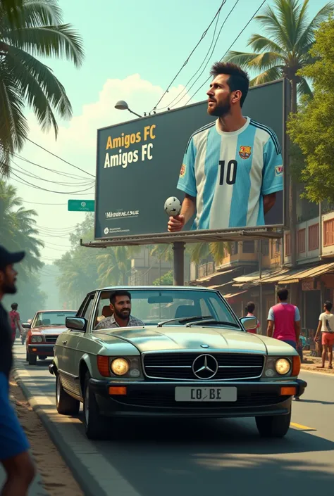 In street of kerala messi going in a car, he saw a hoarding return Amigos FC and his photo in the hoarding 