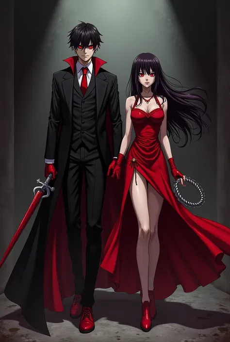 A man and woman looking evil holding a whip and sword with redish eyes with red gloves and both have red shoes anime sty