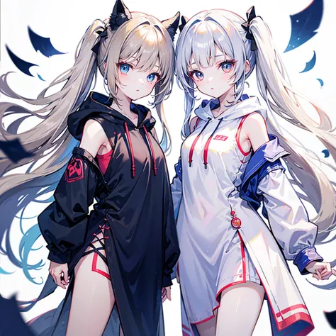  two girls、Beige hair and red eyes、Gray hair and blue eyes 、 twin tails、 Very Long Hair 、 shiny hair、 High Quality 、 simple background、 white background 、 monochrome costume 、Big Hoodie