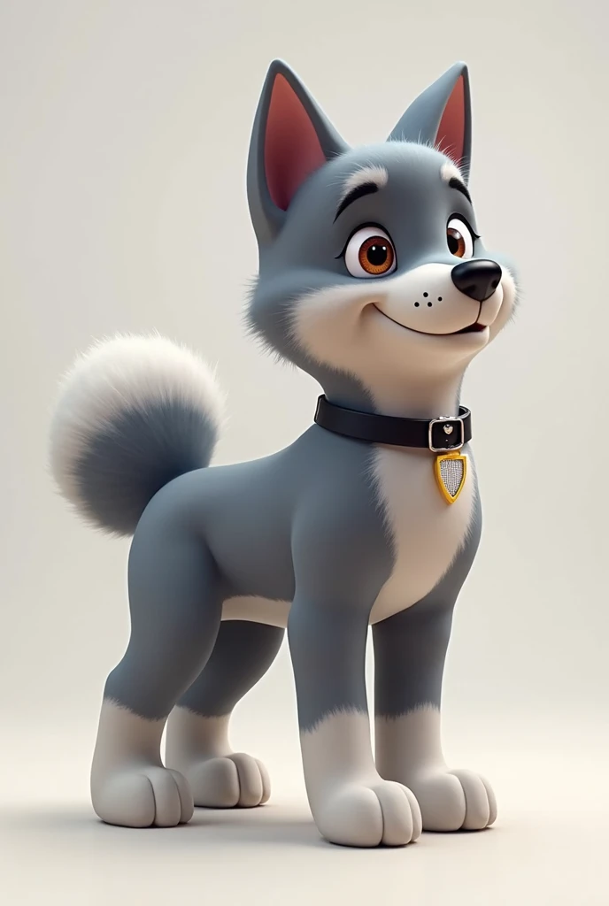 A male Akita, Paw patrol style, with gunpowder grey fur, a silver fuse like tail, naked, nude, presenting , presenting hindquarters 