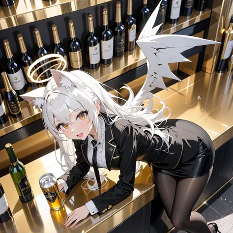 masterpiece, highest quality, highest resolution, clear_image, detailed details, white hair, long hair, 1 girl, cat ears, Golden eyes, halo, black office jacket, black silk mini pencil skirt, white scarf, black pantyhose, 4 angle wings, full body, no water...