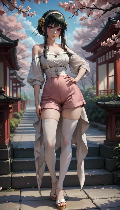 score_9, score_8_up, score_7_up, 1girl, solo, beautiful waifu, thicc, (Yor Briar:1.2), wearing (dusty pink shorts, high waist shorts:1.1), (white blouse, off shoulder blouse, bare arms:1.2), white thigh highs, (white strappy sandals:1.2), detailed eyes, de...