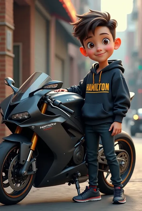 Boy next to an r6 wearing a sweatshirt that says Hamilton
