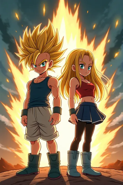 Super saiyan boy dbz style, shorts tank top, next to super saiyan girl with skirt black stockings boots and red top