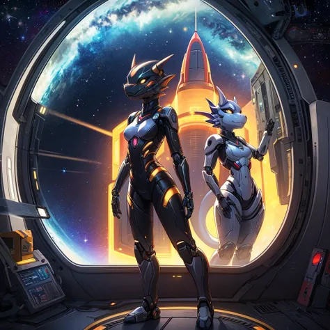 single female, furry, metallic, robotic, anthro, kobold, short, small breasts, thin body, standing in space ship, science fiction, looking out window, galaxy, stars, high quality, masterpiece,
