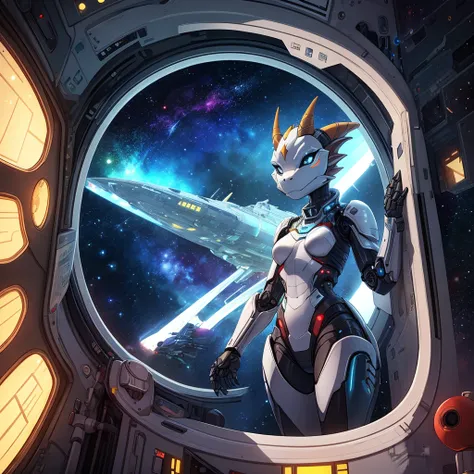 single female, furry, metallic, robotic, anthro, kobold, short, small breasts, thin body, standing in space ship, science fiction, looking out window, galaxy, stars, high quality, masterpiece,
