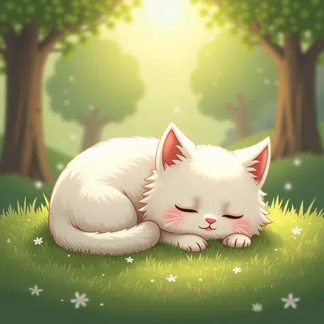 A cute white cat，Sleeping on the grass in the park