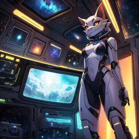 single female, furry, metallic, robotic, anthro, kobold, short, small breasts, thin body, standing in space ship, science fiction, looking out window, galaxy, stars, high quality, masterpiece,
